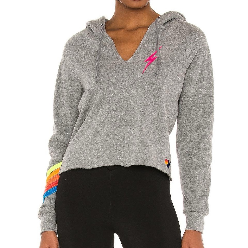 NWOT Aviator Nation Bolt Stitch Chevron 5 Stripe Hoodie in Heather Neon Rainbow